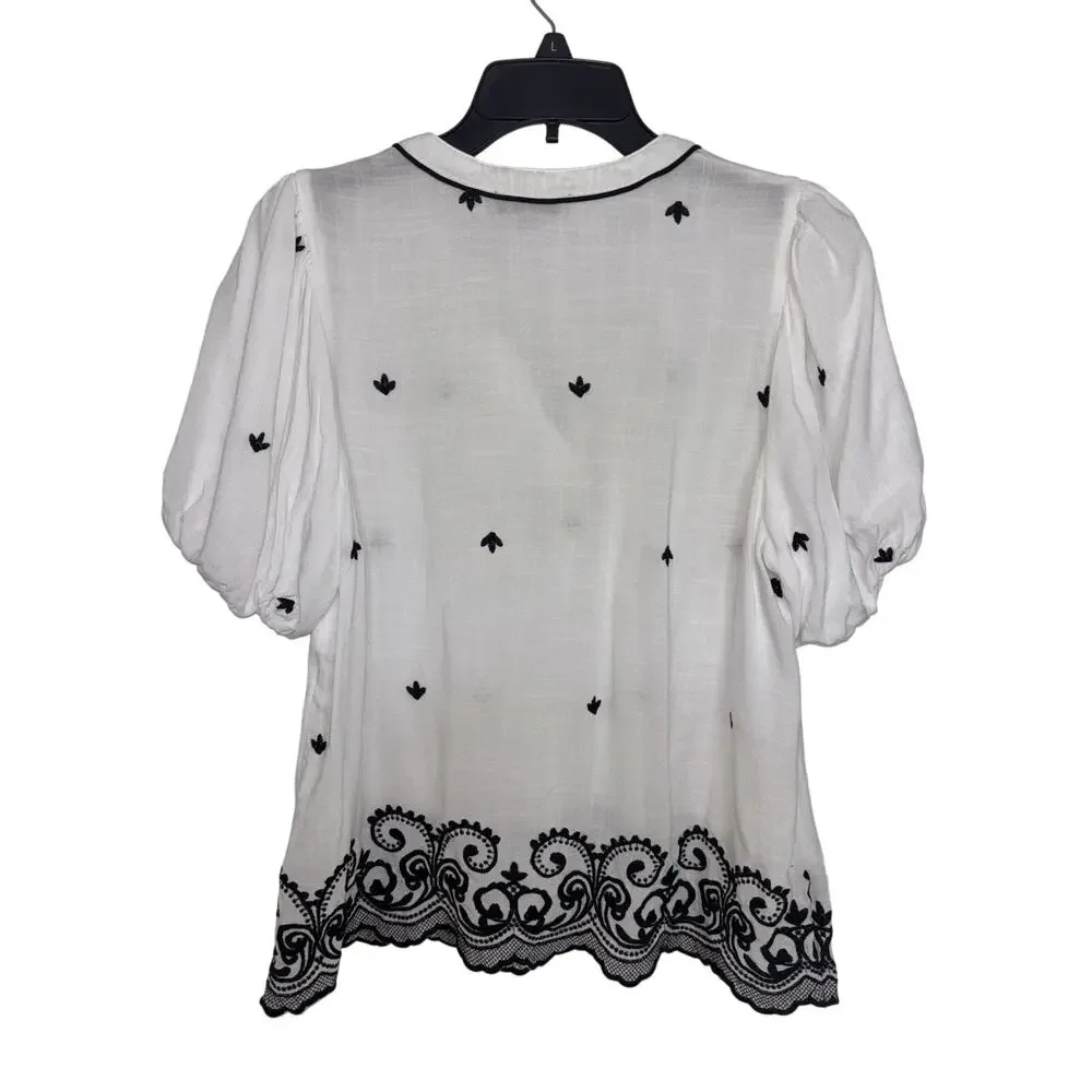 Anthropologie Fig & Flower White Black Embroidered V-Neck Blouse XL Boho